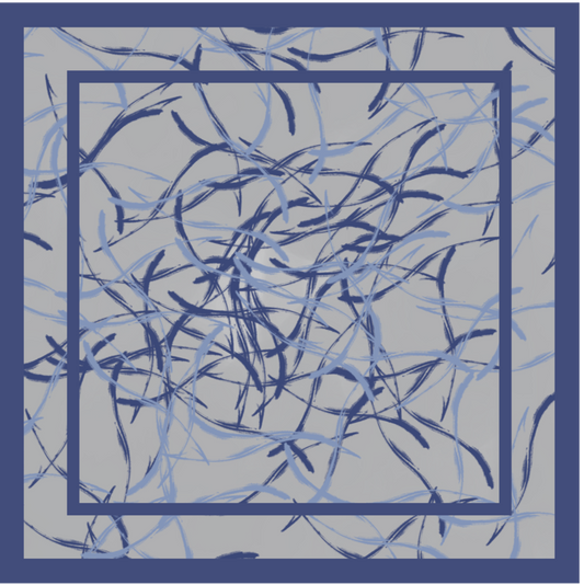 Silk Scarf with abstract blue design on a light gray background